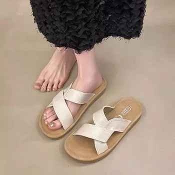fashion 2024 Fashion Hot Selling High Quality Summer Women s Slippers Open Toe Flat Heel Comfortable Outerwear Solid Color Women s Shoes 35 бежевый