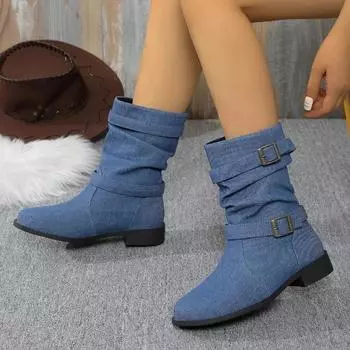 Fashion 2024 Fashion Hot-selling Round Toe Warm and Comfortable Solid Color Women s Boots with Buckle for Outer Wear Zapatos De Mujer 36 темно-синий