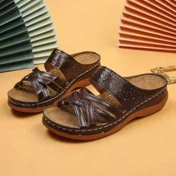 Fashion 2024 Fashion Ladies Shoes Basic Women s Slippers Hot Sale Plus Size Casual Slippers Women Summer Peep Toe Solid Wedge Slippers 35 темно-коричневого