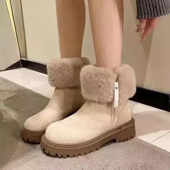 Fashion 2024 Fashion Ladies Shoes Side Zip Women s Boots Winter Round Toe Suede Warm Solid Short Barrel Block Heel Plus Size Boots 35 чёрный