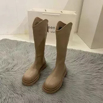 fashion 2024 Fashion Ladies Shoes Zipper Women s Boots Winter Round Toe Warm Solid High Tube Chunky Heels Women Boots Zapatos De Mujer 35 бежевый