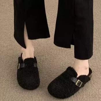 Мода 2024 года, модные новые плюшевые женские туфли Baotou, низкие теплые тапочки, простые римские тапочки с плоской подошвой, однотонные хлопковые тапочки 35 бежевый