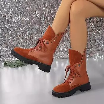 Fashion 2024 Fashion Shoes for Women Lace Up Women s Boots Autumn Round Toe Suede Solid Middle Barrel Chunky Heels Large Size Boots 35 чёрный
