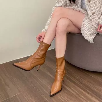 мода 2024 года Модная обувь для женщин Женские сапоги на молнии Осенние остроносые однотонные сексуальные платья Короткие бочонки на шпильках или тонких каблуках 35 чёрный