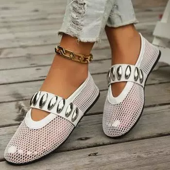 fashion 2024 Fashion Summer Solid Color Mesh Breathable Women s Flat Shoes Metal Decoration Low Heels Shallow Mouth Zapatos De Mujer 36 белый