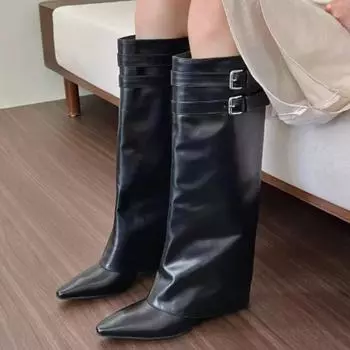 мода 2024 года Модная женская обувь Женские сапоги до колена Ретро-современные сапоги Женские туфли с пряжкой на ремне и острым носком на низком каблуке Женские 35 чёрный