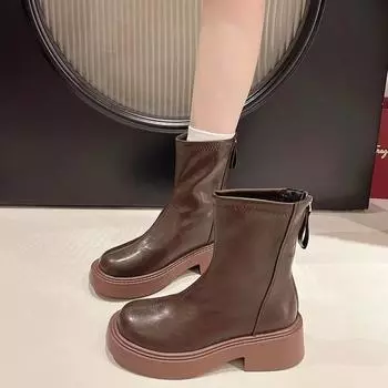 Fashion 2024 Fashion Women s Shoes Mid-Calf Women s Boots Fashion Back Zip Modern Boots Women Hot Sale Round Toe Solid Shoes for Women 35 чёрный
