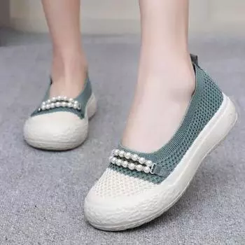 Fashion 2024 Fashion Women s Shoes One Kick Women s Flats Autumn Round Toe Beads Breathable Mesh Mixed Colors Outdoor Casual Shoes 36 покинуть белый