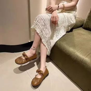 Fashion 2024 Fashion Women s Shoes Shallow Women s Flats Hot Sale Butterfly-knot Dress Flats Women High Quality Solid Flat Low Heels 35 бежевый