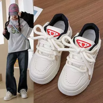 Fashion 2024 Fashionable and Versatile Thick-soled White Shoes for Women Height-increasing Versatile Casual Retro Color Block Sneakers 35 чёрный