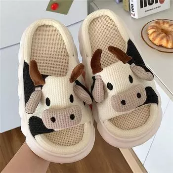 fashion 2024 Four Seasons Universal Indoor Home Cotton Linen Sandals Cute Cartoon Cow Linen Slippers Non-slip 36-37 бежевый