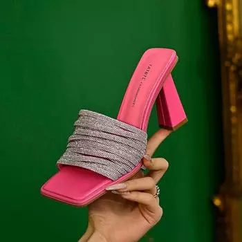 fashion 2024 French Rhinestone Sandals Fashion Square heel High Heel Sandals Women s Summer New Fairy Style Thin High Heels Shoes 34 бежевый