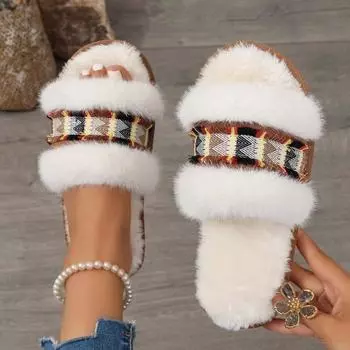 Fashion 2024 French Winter Ladies Slippers Non-slip Comfortable Flat Women Shoes Home Warm Women Fur Slippers Versatile Zapatos De Mujer 36 красный