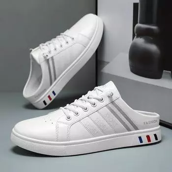 Fashion 2024 Half Slippers Non-slip Men s Casual Shoes for Men Loafers PU Leather Man Slippers Lightweight Walking Shoes Size 48 45 чёрный