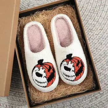 Fashion 2024 Halloween Pumpkin Pattern Embroidery Slippers Men Women Autumn/winter Furry Couple Cotton Slippers Non-slip Indoor Slippers 38-39 белый