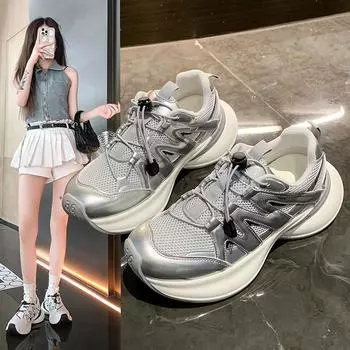 fashion 2024 Height Increasing Chunky Sneakers Women Platform Shoes New Fashion Breathable Mesh Sport Women s Sneaker Casual Sneakers 35 серебряный