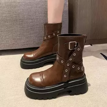 fashion 2024 High Quality Ladies Shoes Back Zip Women s Boots Fashion Belt Buckle Office and Career New Round Toe Solid Mid-Calf Boots 35 бежевый