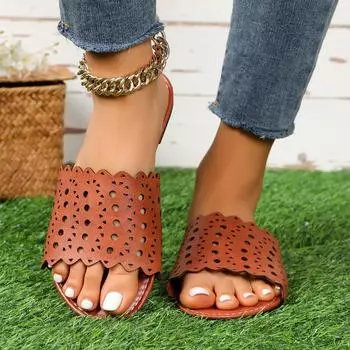 Fashion 2024 High Quality Ladies Shoes Basic Women s Slippers Fashion Hollow Casual Slippers Women New Plus Size Flat Slippers Zapatos 36 красный