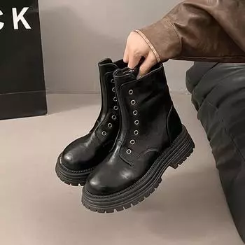 Fashion 2024 High Quality Leather Women s Shoes Autumn and Winter Square Heel Ankle Boots Lace Up Zipper Women s High Heels Size 35-40 35 чёрный