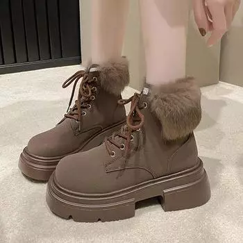 Fashion 2024 High Quality Round Head Womens Short Boots Round Head Solid Color Lace-up Wear Resistant Women s Shoes Botines De Mujer 35 бежевый