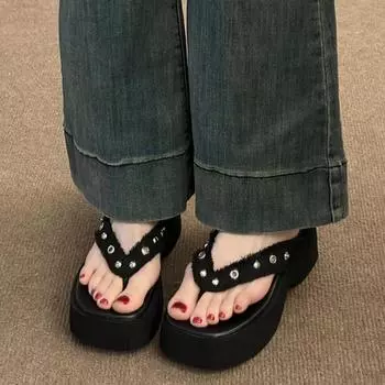 fashion 2024 High Quality Shoes Female Women s Slippers Summer Solid Open Toe Platform Water Proof Outdoor Casual Daily Thong Slippers 35 чёрный