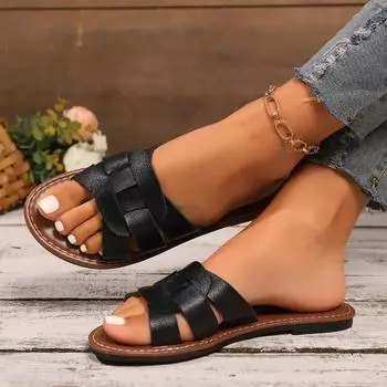 fashion 2024 High Quality Women s Shoes Summer Hot Selling Open Toe Solid Color Women s Slippers Fashionable Low Heel Roman Slippers 35 чёрный