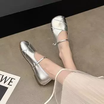 fashion 2024 High Quality Women s Shoes Fashionable Slip-on Solid Color Low Heel Glossy Square Toe Shallow Mouth Women s Flat Shoes 35 бежевый