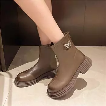 Fashion 2024 High Quality Women s Shoes Back Zip Women s Boots Fashion Round Toe Office and Career Hot Sale Butterfly-knot Ankle Boots 35 чёрный
