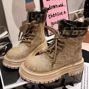 Fashion 2024 Hot Retro Height Increasing Breathable Denim Work Boots New Fashionable Retro British Style Thick Soled Boots for Women 35 верблюд