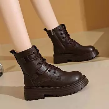 Fashion 2024 Hot Sale Female Shoes Ankle Women s Boots Platform Modern Boots Women Cross-tied Round Toe Med Heel Side Zip Shoes Women 35 чёрный