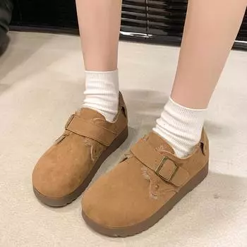 fashion 2024 hot sale Ladies Shoes Belt Buckle Women s Flats Fashion Round Toe Casual Flats Women New Plus Velvet Solid Flat Low Heels 35 верблюд