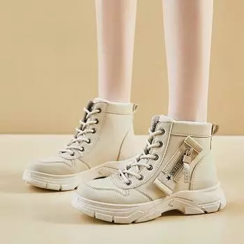 fashion 2024 Hot Sale Ladies Shoes Front Lace-up Women s Boots Fashion Round Toe Ladies Casual Shoes New Zip Solid High Top Flat Shoes 35 бежевый