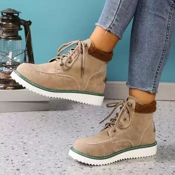 Fashion 2024 Hot Sale Ladies Shoes Lace Up Women s Boots Winter Round Toe Mixed Colors Flock Plush Warm Comfortable Low-heeled Boots 36 чёрный