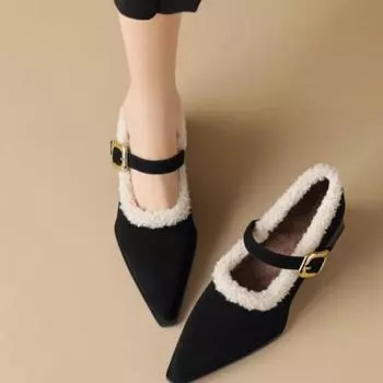 Fashion 2024 Hot Sale Ladies Shoes Mary Janes Women s High Heels Warm Dress Pumps Women Pointed Toe Med Heel Buckle Strap Shoes Women 35 чёрный