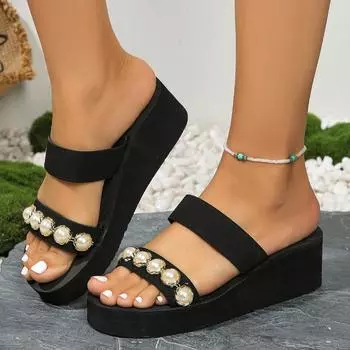 fashion 2024 Hot Sale Ladies Shoes Peep Toe Women s Slippers Fashion String Bead Casual Slippers Women Summer Plus Size Wedge Slippers 35 чёрный