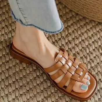 Fashion 2024 Hot Sale Ladies Shoes Shallow Women s Slippers Fashion Peep Toe Daily Slippers Women New Square Toe Flat Slippers Zapatos 35 светло-коричневого