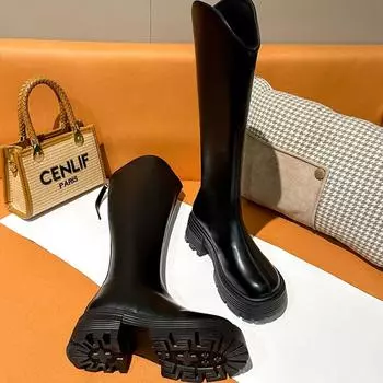 Мода 2024 года, горячая распродажа, новые износостойкие нескользящие зимние женские сапоги с круглым носком длиной до колена, однотонные модные женские ботинки для отдыха на открытом воздухе 35 чёрный