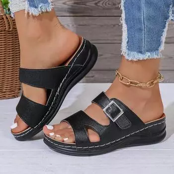 Fashion 2024 Hot Sale Shoes Female Open Toe Women s Slippers Summer Roman Buckle Solid Outdoor Casual Beach Wedge Large Size Slippers 36