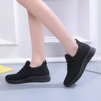 fashion 2024 Hot Sale Shoes for Women Lace Up Women s Vulcanize Shoes Autumn Solid Net Cloth Breathable Low-heeled Sport Shoes Ladies 35 чёрный