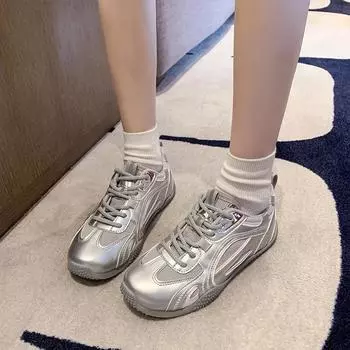 fashion 2024 Hot Sale Women s Shoes Lace-up Women s Vulcanize Shoes Fashion Mesh Ladies Casual Shoes New Soft Bottom Breathable Sneakers 35 серебряный