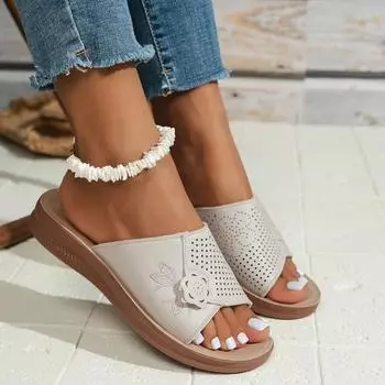 Fashion 2024 Hot Sale Women s Shoes Basic Women s Slippers Fashion Embroidery Casual Slippers Women New Peep Toe Flat Slippers Zapatos 36 бежевый