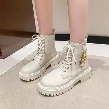 Fashion 2024 Hot Sale Women s Shoes Side Zipper Women s Boots Fashion Metal Decoration Office and Career New Front Lace-up Ankle Boots 35 бежевый
