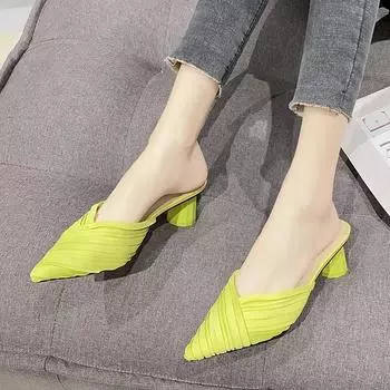 fashion 2024 Hot Sale Women s Shoes Baotou Women s Slippers Fashion Shallow Dress Slippers Women Sexy Pointed Toe Solid Heels Women 34 чёрный