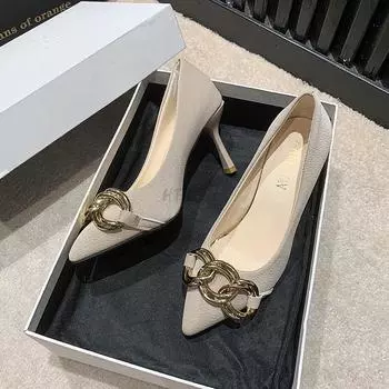 Fashion 2024 Hot Sale Women s Shoes Basic Women s High Heels Fashion Party Pumps Women Metal Decoration Slip on Pointed Toe Shoes Ladies 34 бежевый