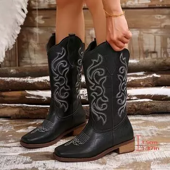 fashion 2024 Knight Cowboy Women Ankle Boots High Quality Embroidered Mid Calf Leather Boots Casual Designer Ladies Shoes Botines Mujer 35 чёрный