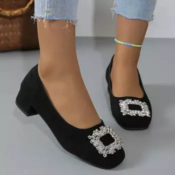 Fashion 2024 Ladies Shoes Slip on Women s High Heels Fashion Office Pumps Women Crystal Square Button Round Toe Med Heel Shoes Female 35 чёрный