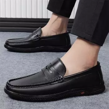Fashion 2024 Men s Genuine Leather Shoes 38-45 Head Leather Soft Anti-slip Rubber Loafers Shoes Man Black Casual Real Leather Shoes 38 чёрный