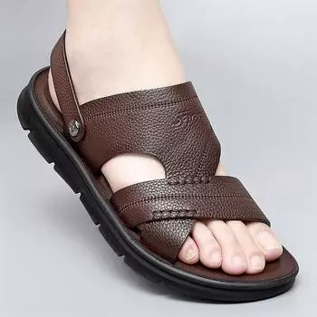 Fashion 2024 Men s Slippers Summer New Sandals Men PU Leather Sandals Adult Thick-soled Beach Shoes Non-slip Open-toe Sandals 38 чёрный