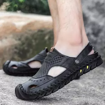 Fashion 2024 Men s Summer New Sandals and Slippers Men s Genuine Leather Sandals Adult Thick-soled Beach Shoes Non-slip Leather Sandals 38 коричневый