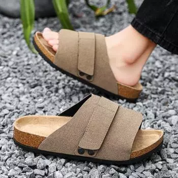 Fashion 2024 Mens Breathable Home Slippers Leather Outside Sandals Comfort Beach Slippers Casual Slide Mens Shoes Couple Outdoor Summer 35 коричневый